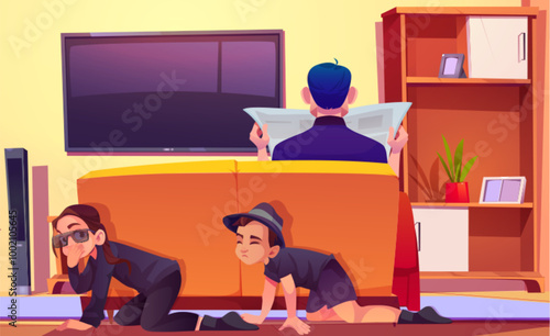 Teen kids dressed as spy in black clothes, hat and glasses crawl quietly on floor past man reading newspaper while sitting on sofa in living room. Cartoon vector teenager friends play spymaster game.