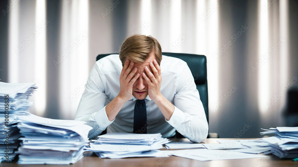 Stressed Office Worker Buried Under a Pile of Paperwork, Struggling to Cope with Workload Stress Stressed Office Worker Buried Under a Pile of Paperwork, Struggling to Cope with Workload Stress