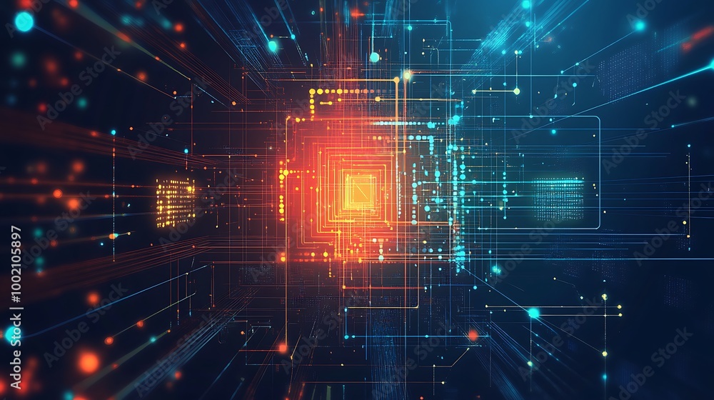 Obraz premium Abstract digital network with glowing lines and dots, representing data flow and connection.