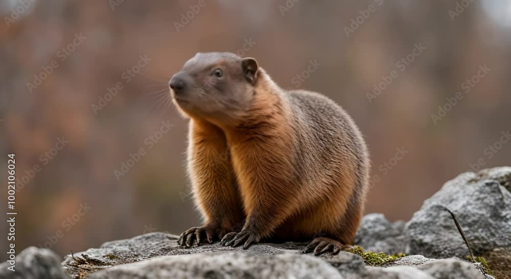A groundhog sitting on a rock, observing the nearby forest with curiosity. A groundhog sitting on a rock, observing the nearby forest with curiosity.