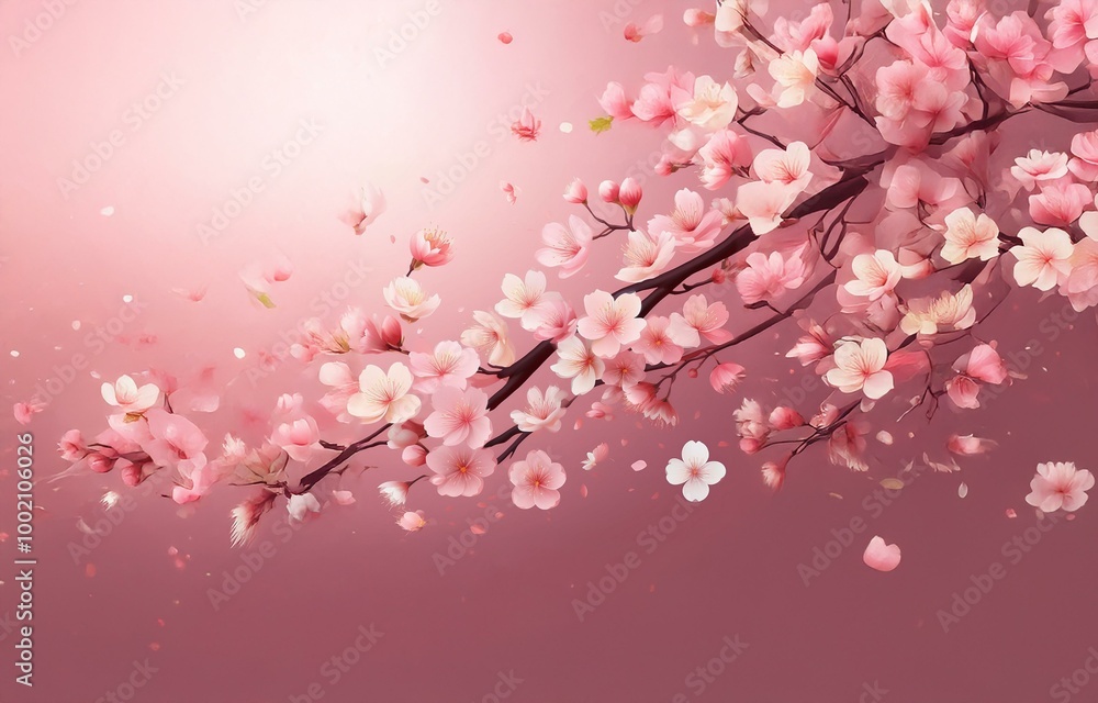 Fototapeta premium Pink cherry blossoms bloom on a branch, falling petals against a pink background.