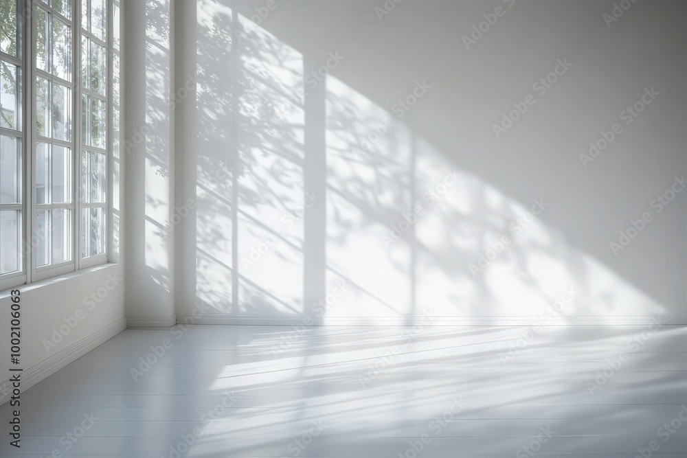 Sunlight streams through a window, casting soft shadows on the white wall and floor. Sunlight streams through a window, casting soft shadows on the white wall and floor.