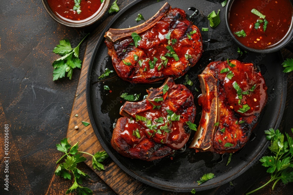 Top View of BBQ Pork Chops with Grill Marks for a Delicious Barbecue Meal Top View of BBQ Pork Chops with Grill Marks for a Delicious Barbecue Meal