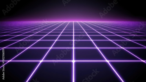 A digital neon grid with a vibrant purple glow, creating a retro-futuristic atmosphere