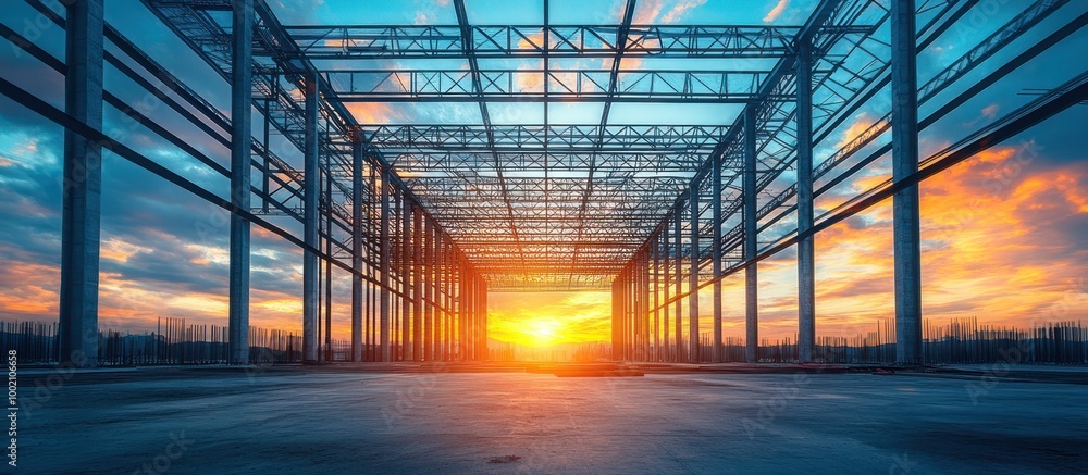 Steel framework construction under a vibrant sunset. Steel framework construction under a vibrant sunset.