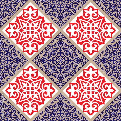 Seamless national ornament gold, blue, red colors. Ethnic pattern of Kazakh, Mongols, Turk, Kyrgyz, Buryat, Kalmyk, Moroccan. Abstract vintage print for printing, ceramic tiles, fabric. photo