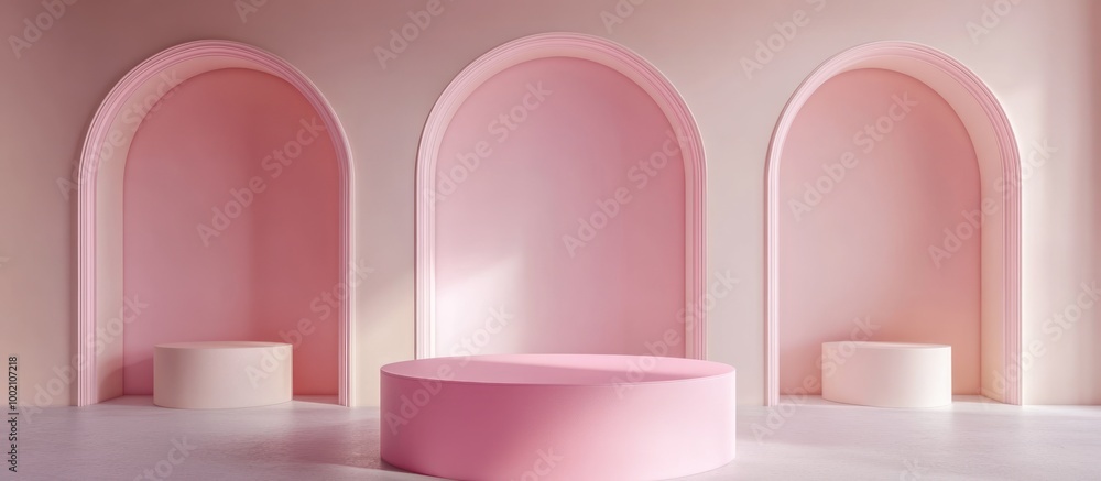 Three pink arched niches with a large oval podium in front. Three pink arched niches with a large oval podium in front.