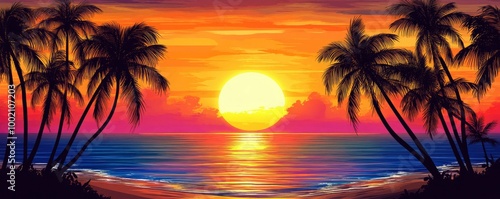 Shadows of dark palm trees against a vibrant tropical ocean sunset background.