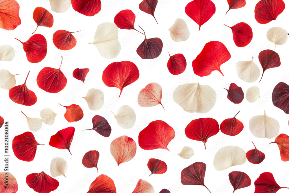 Abstract background with red flower petals on a white background, top view. Abstract background with red flower petals on a white background, top view.