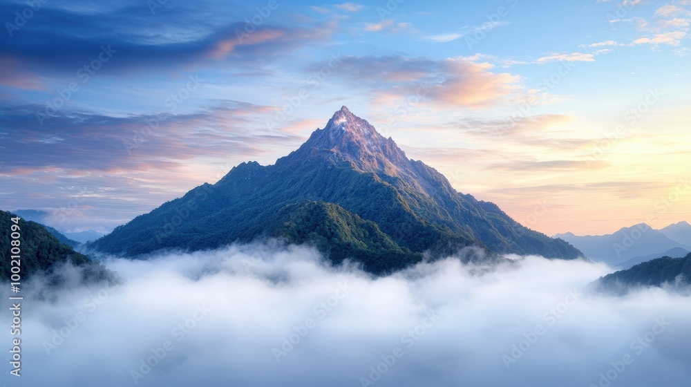 Majestic mountain peak rising above the clouds Majestic mountain peak rising above the clouds