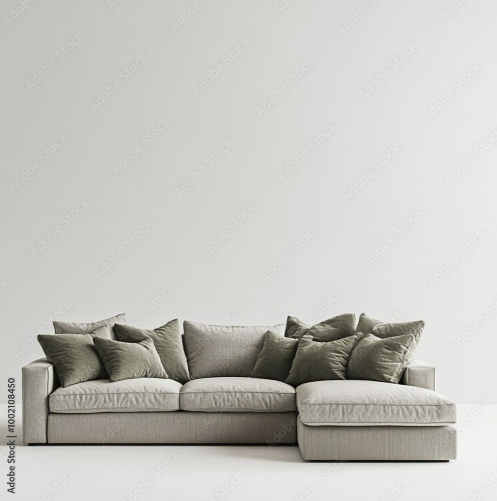 A front view of a soft grey L-shaped sofa with sage pillows, centered on a completely white background. The sofa has a minimalistic design, looks soft and comfortable A front view of a soft grey L-shaped sofa with sage pillows, centered on a completely white background. The sofa has a minimalistic design, looks soft and comfortable