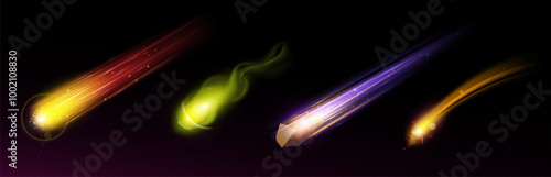 Falling asteroid and comet with fire and dust tail. Realistic 3d vector illustration set of flying on high speed meteor in outer space with light trail. Cosmic magic shooting fireball in atmosphere.