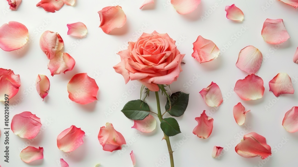 Elegant Pink Rose with Petals on White Background Elegant Pink Rose with Petals on White Background