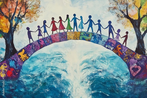 cartoon style bridge with people , representing the bridging of generational gap