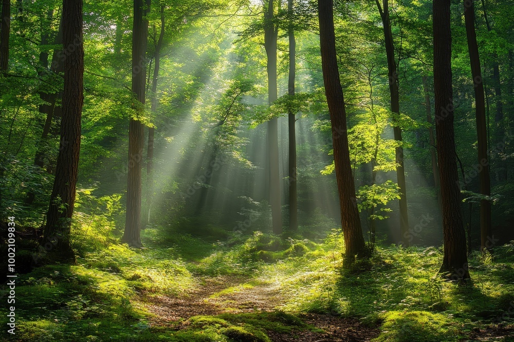 Obraz premium Sunlight streams through the trees in a lush green forest, casting a magical glow on the mossy path.