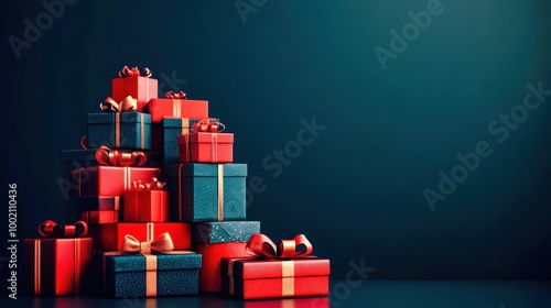 Big pile of christmas presents stacked on red background