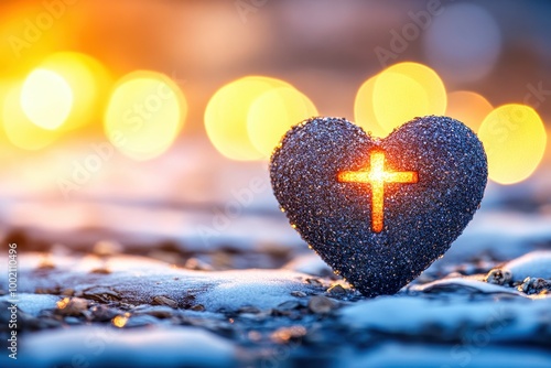 Glowing cross inside heart shape standing on snowy ground at sunset