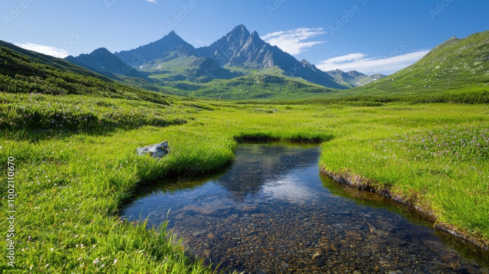 Fototapeta premium Serene mountain landscape with flowing stream