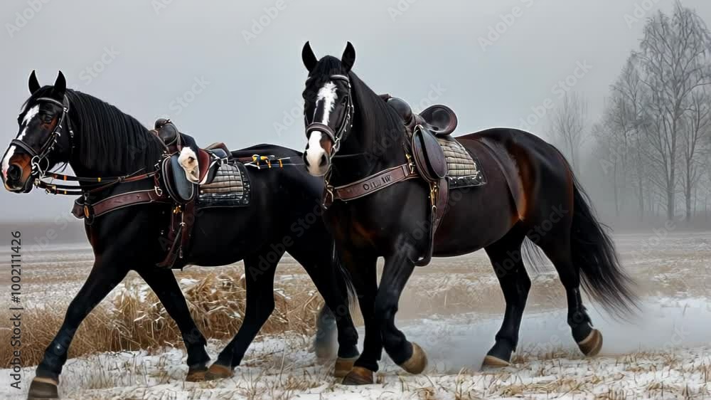 Two Black Horses Running on a Snowy Field Two Black Horses Running on a Snowy Field