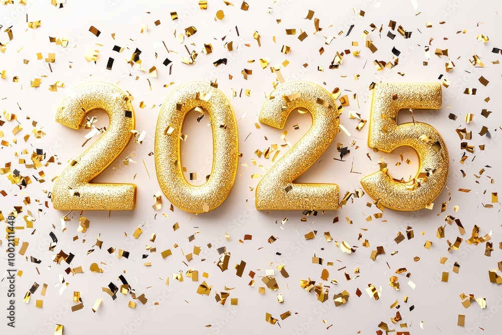 Golden 2025 numbers celebrating new year eve with falling confetti Golden 2025 numbers celebrating new year eve with falling confetti