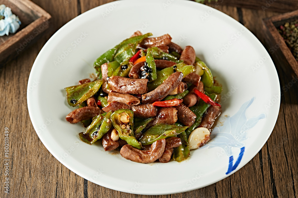 Stir-fried fat sausage with tempeh and pepper Stir-fried fat sausage with tempeh and pepper