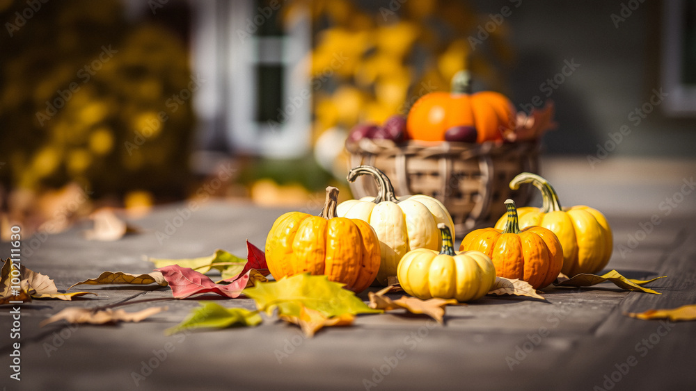 Pumpkins and Fall Leaves on Wooden Table Pumpkins and Fall Leaves on Wooden Table