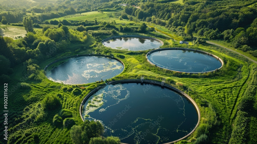 Aerial View of Circular Water Reservoirs in Green Landscape Aerial View of Circular Water Reservoirs in Green Landscape