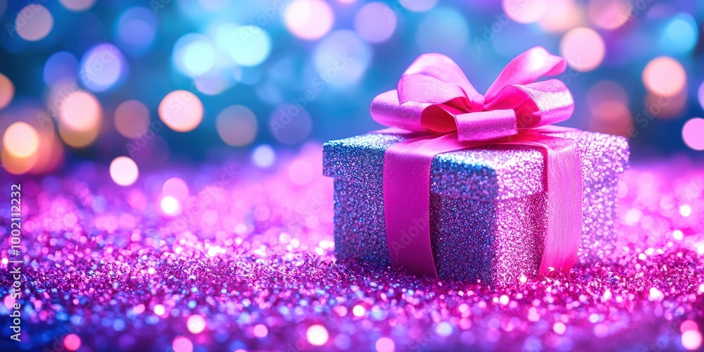Shiny gift box sitting on glitter with bokeh lights background Shiny gift box sitting on glitter with bokeh lights background