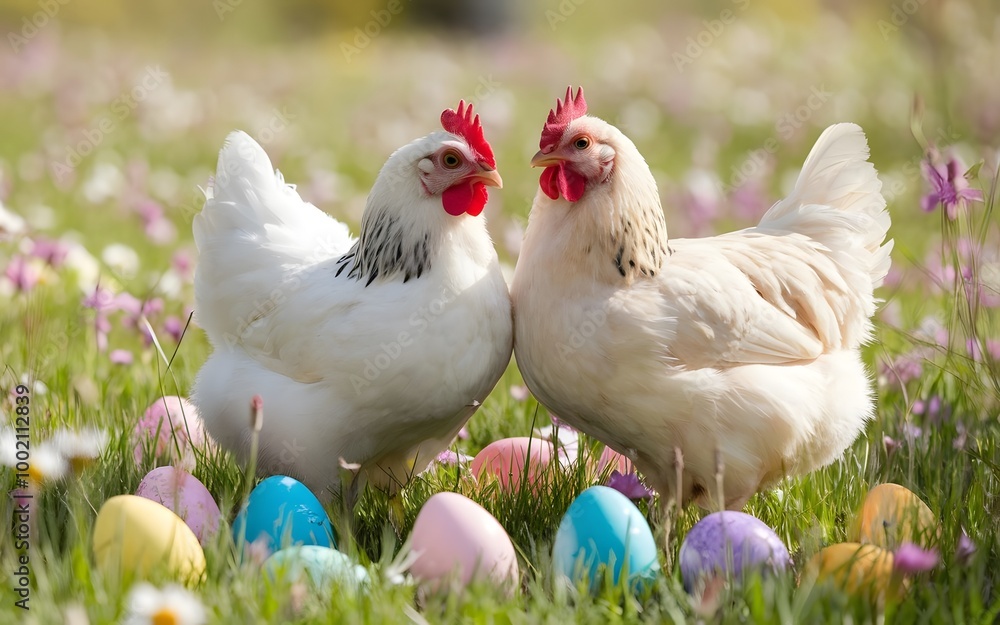 Fototapeta premium Two cute white chickens are sitting together in a bright field
