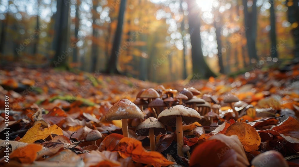 Obraz premium Autumn Forest with Mushrooms and Colorful Leaves