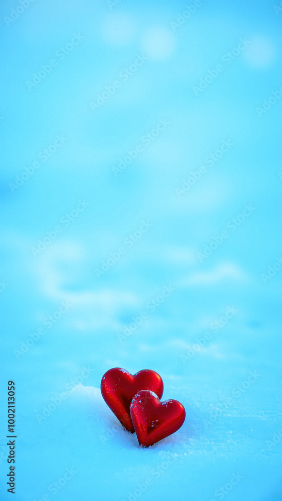 Fototapeta premium Two red hearts in snow