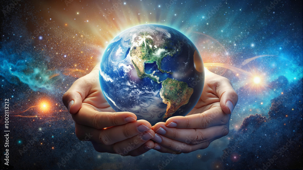 Hands cradling Earth with cosmic background and glowing light Hands cradling Earth with cosmic background and glowing light