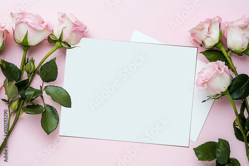 A blank white card with pink roses on the side, placed against a soft pastel background