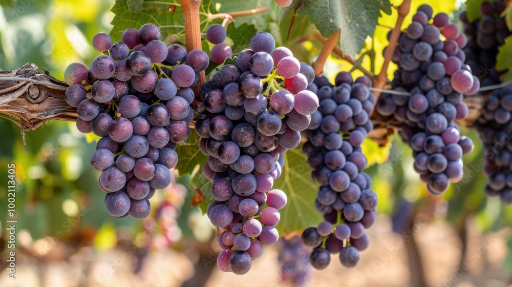 Fresh Grapes Hanging on Vine in Sunny Vineyard Fresh Grapes Hanging on Vine in Sunny Vineyard