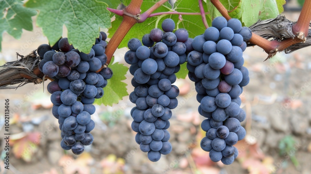 Fototapeta premium Fresh Grapes Hanging from a Vine in a Vineyard