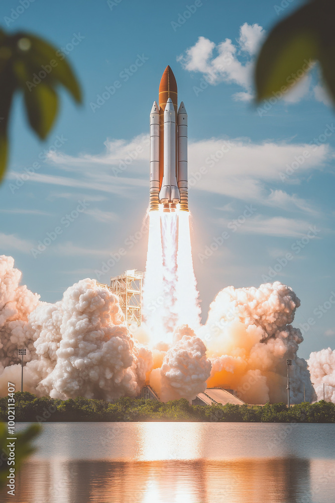 Fototapeta premium A powerful rocket launching into the bright blue sky with thick clouds of smoke and fire, reflecting on the water below.
