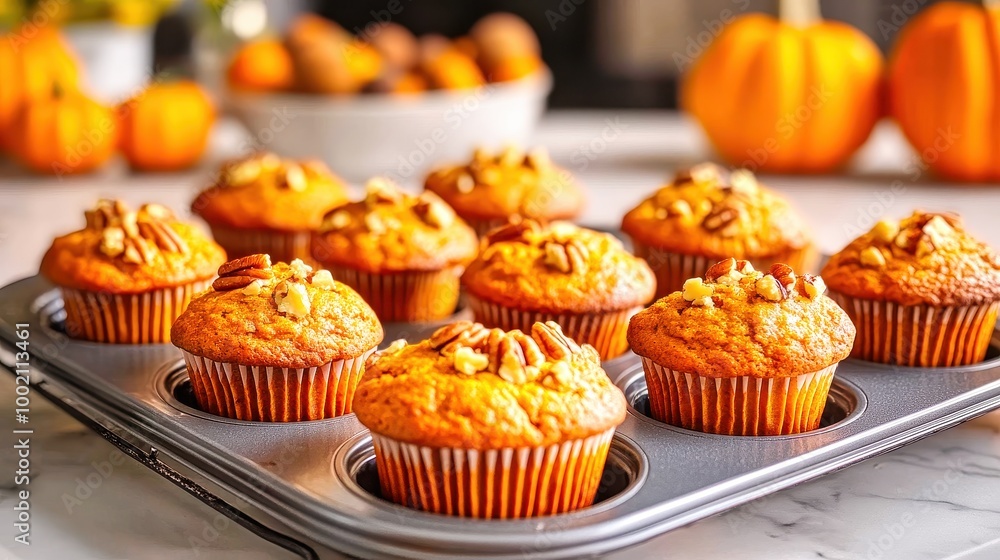 Freshly baked pumpkin spice muffins cooling in muffin tin Freshly baked pumpkin spice muffins cooling in muffin tin