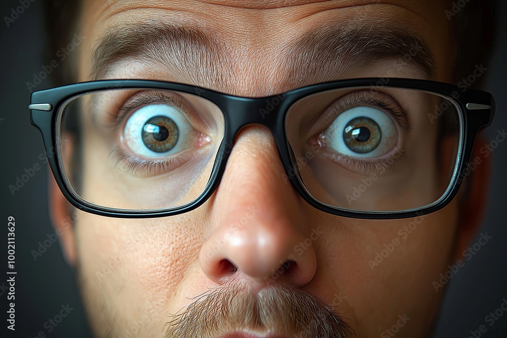 Man with glasses and a surprised expression. His eyes are wide open. His nose is visible. man with a wow expression open mouth, wearing glasses Man with glasses and a surprised expression. His eyes are wide open. His nose is visible. man with a wow expression open mouth, wearing glasses