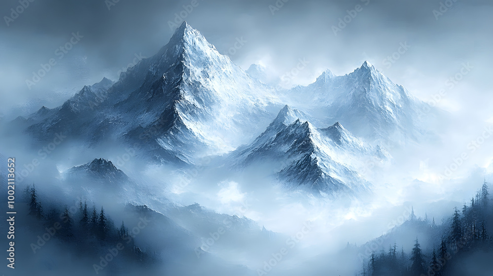 A Majestic Snowy Mountain Range with Misty Peaks, Beautifully Painted in Soft Hues, Capturing the Serenity and Grandeur of Nature’s Landscape, Evoking Feelings of Tranquility and Adventure, Perfect fo A Majestic Snowy Mountain Range with Misty Peaks, Beautifully Painted in Soft Hues, Capturing the Serenity and Grandeur of Nature’s Landscape, Evoking Feelings of Tranquility and Adventure, Perfect fo