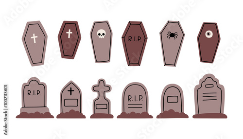 Grave and coffin simple set. Tombstone flat style vector, grave symbol isolated on white background.