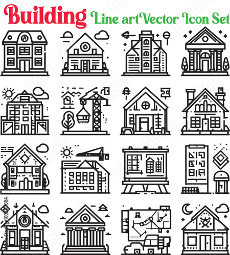 Building linear art vector Icon set