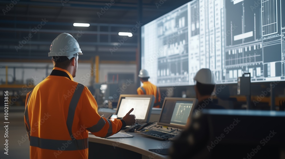 Workers monitoring data in a high-tech control room at a manufacturing facility during daytime operations Workers monitoring data in a high-tech control room at a manufacturing facility during daytime operations