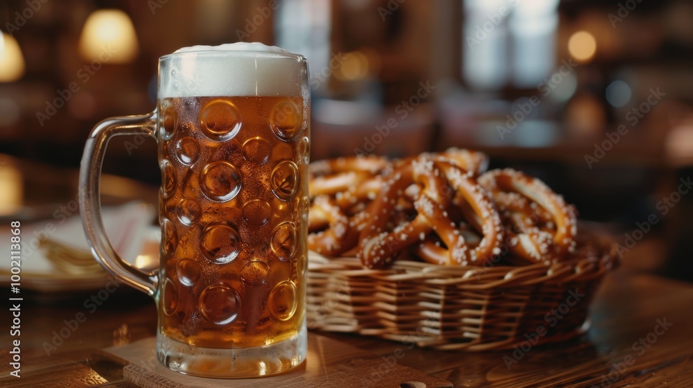 Refreshing Beer and Tasty Pretzels in Warm Atmosphere Refreshing Beer and Tasty Pretzels in Warm Atmosphere