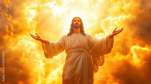 Jesus christ raising hands with universe background