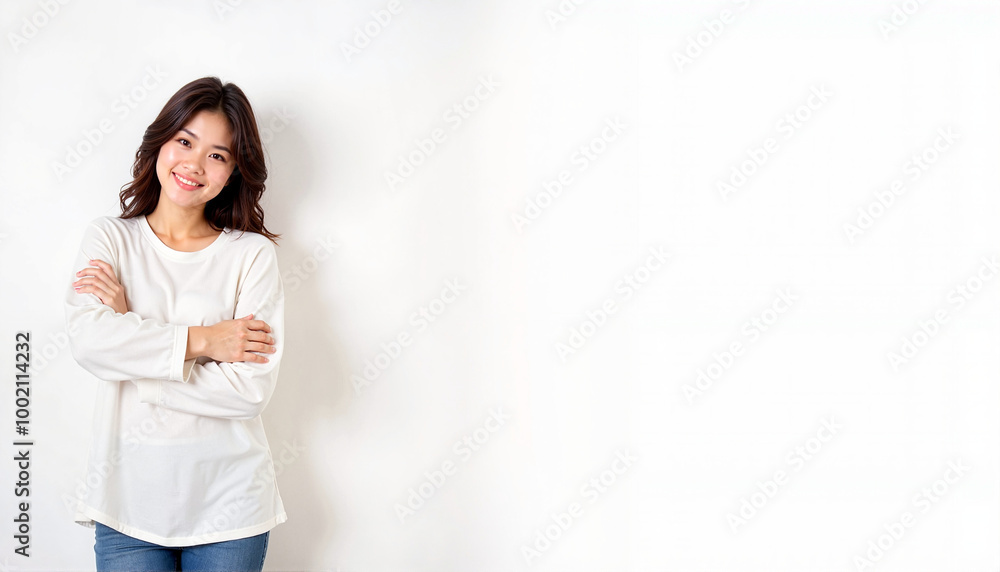 Smiling woman in white long-sleeve shirt with crossed arms. Smiling woman in white long-sleeve shirt with crossed arms.