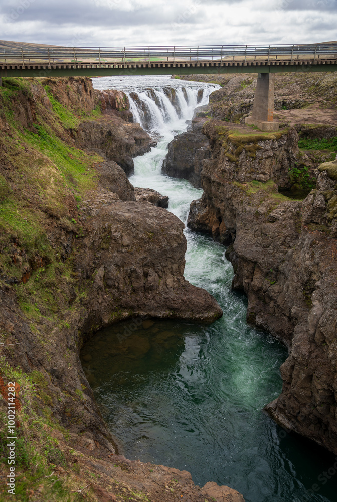 Kolugljúfur Canyon and Waterfall in Víðidalstunga, Iceland Kolugljúfur Canyon and Waterfall in Víðidalstunga, Iceland