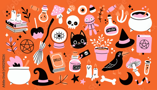 Trendy Halloween element set. Witch craft, cat, raven, witch hat, potion and cauldron. For card, sticker, poster