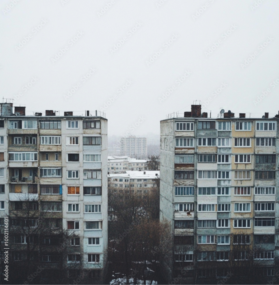 Fototapeta premium photo of Russian panel houses, gray sky