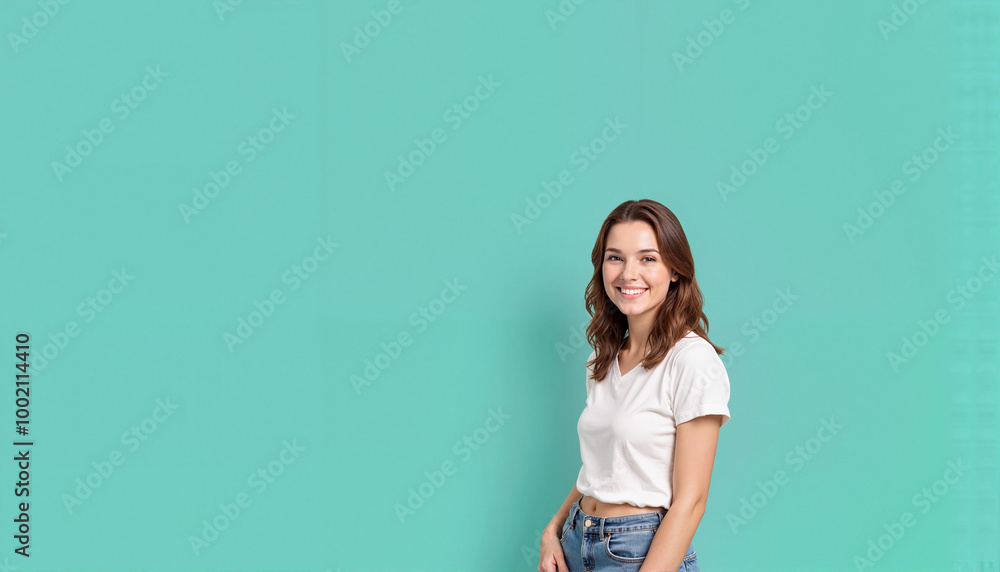 Happy woman in a white crop top and jeans against a teal background with copy space Happy woman in a white crop top and jeans against a teal background with copy space