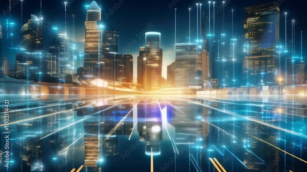 Futuristic city with glowing lines and dots, reflecting smart interconnectedness Futuristic city with glowing lines and dots, reflecting smart interconnectedness